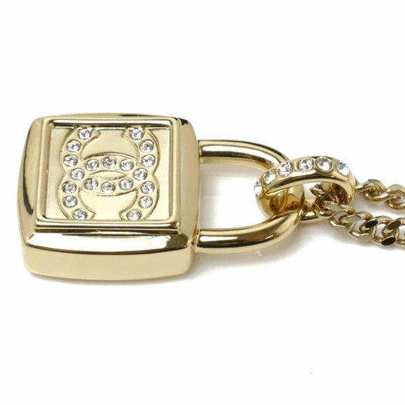 CHANEL CC Logos Rhinestone Padlock Long Chain Necklace 32" Gold Tone - Picture 7 of 7